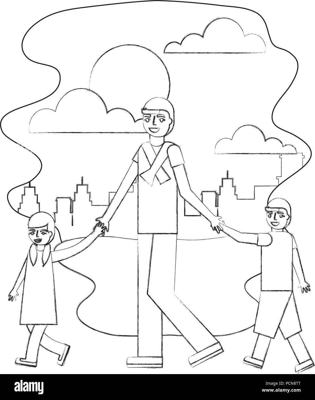 father walking with her son and daughter in the street city vector illustration hand drawing Stock Vector