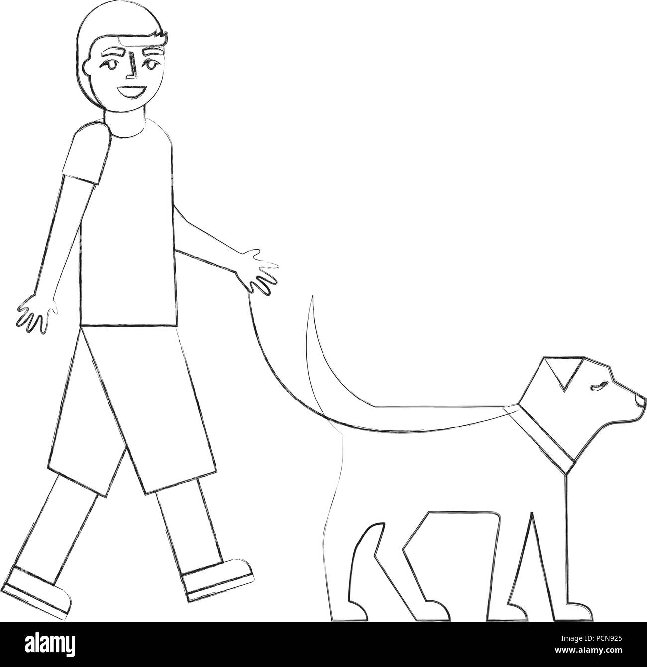 young boy walking with her dog pet vector illustration hand ...