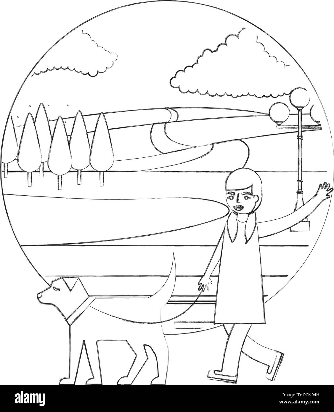 Vector illustration girl walking dog Black and White Stock Photos