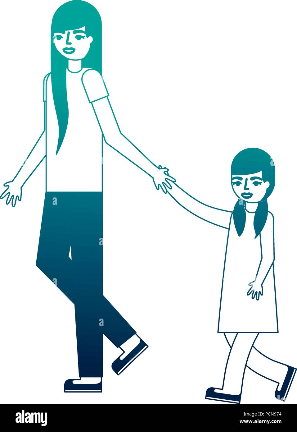 mother holding hand her daughter walking vector illustration neon ...