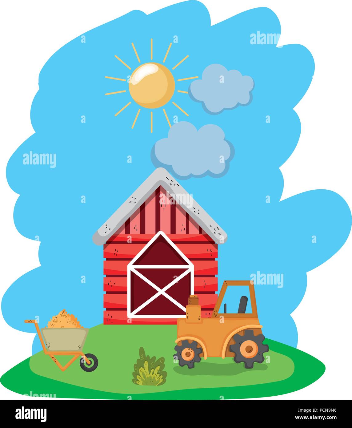 house farm with tractor and handcart with straw bale Stock Vector Image ...