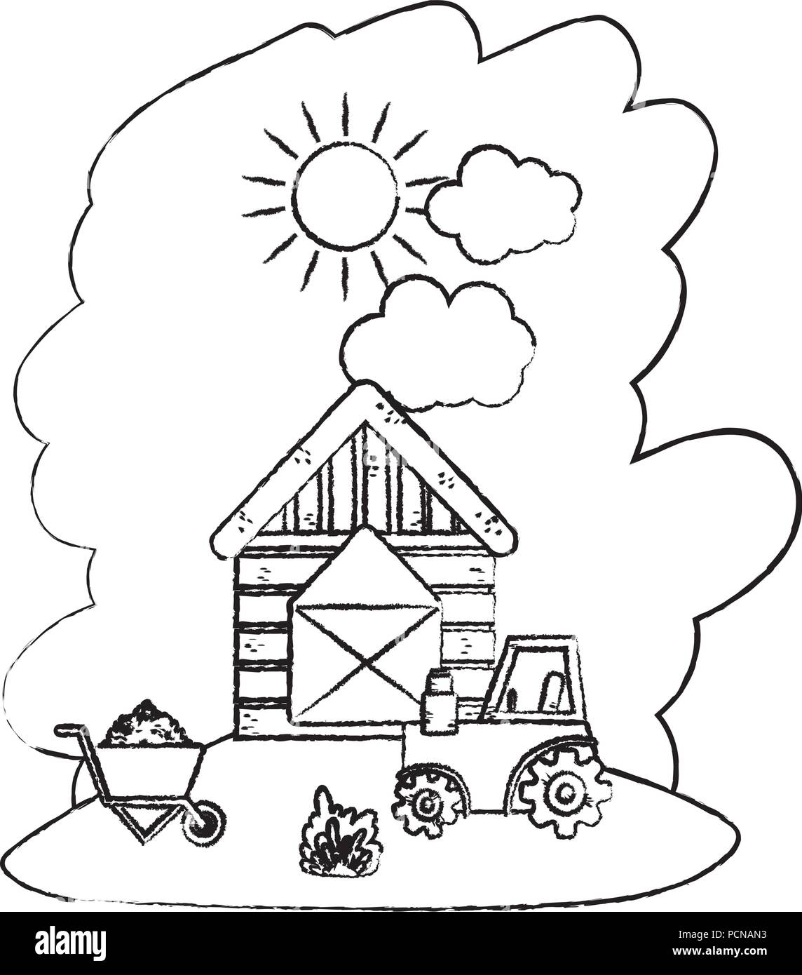 grunge house farm with tractor and handcart with straw bale Stock ...
