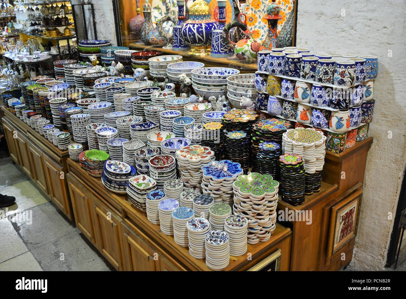 Traditional Turkish ceramic plates and bowls at Grand Bazaar Stock