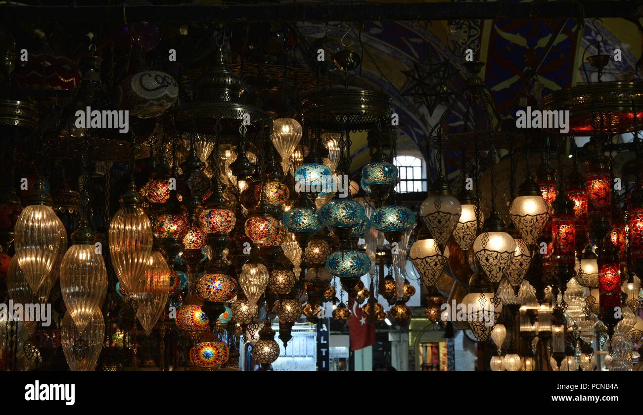Traditional Turkish souvenir lamps and candles at Grand Bazaar Stock
