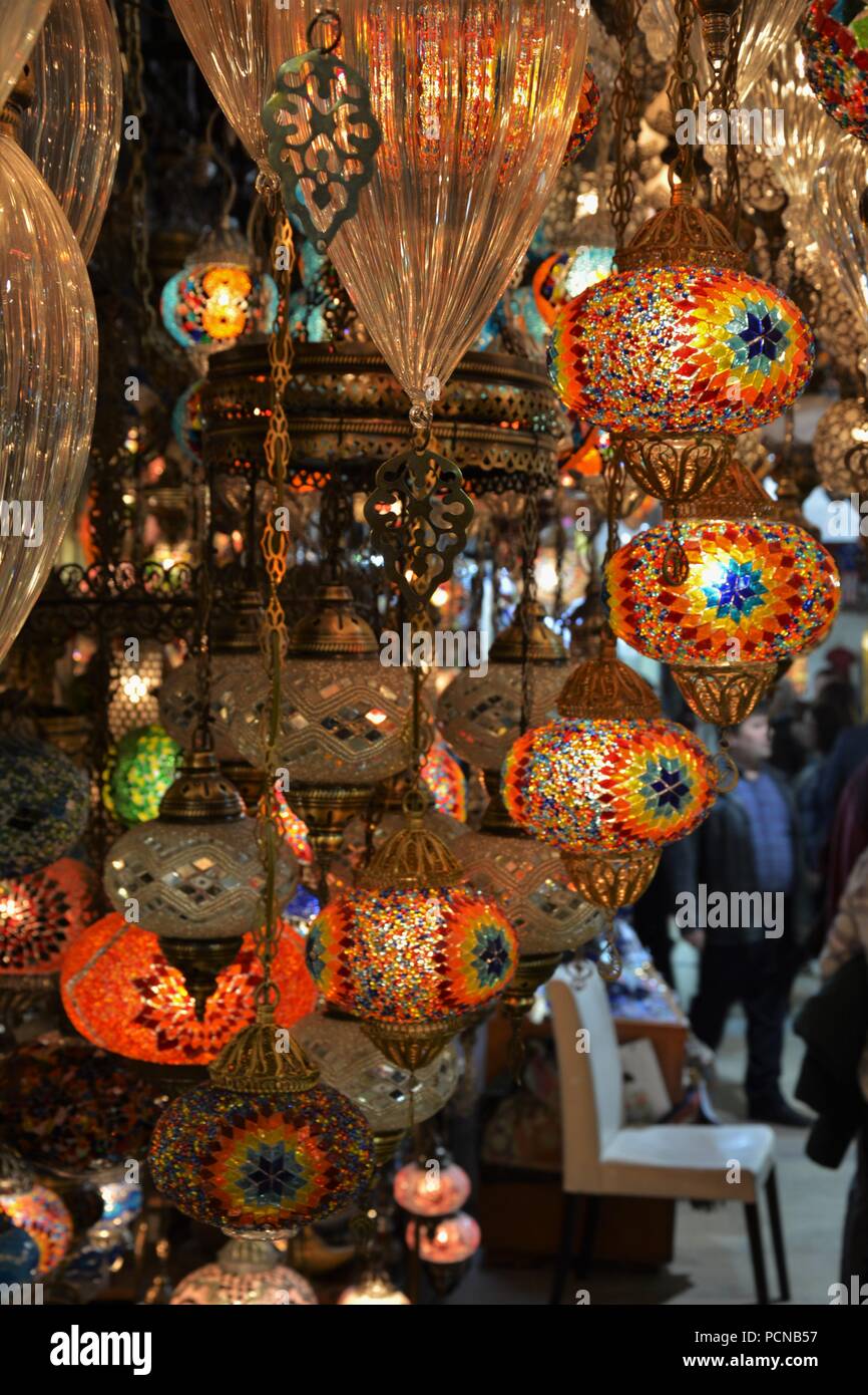 Traditional Turkish souvenir lamps and candles at Grand Bazaar Stock Photo