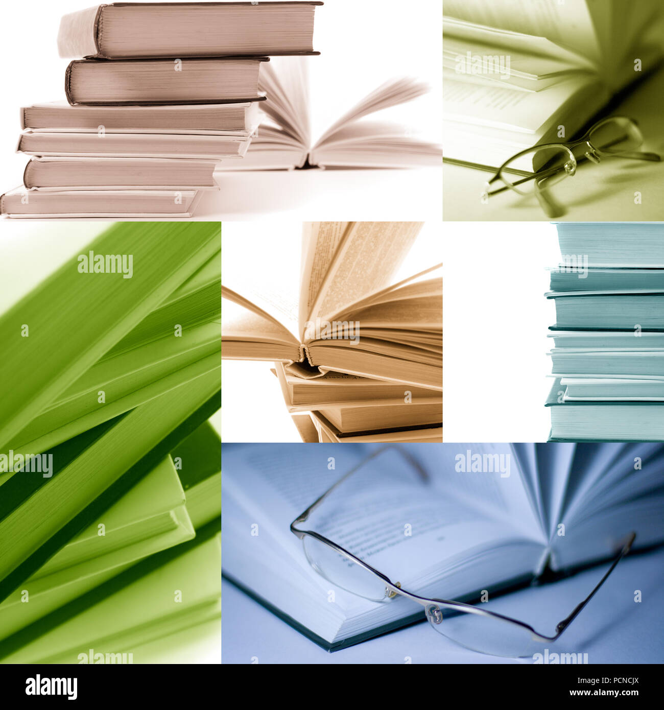 collage of images. stack of books closeup. monochrome. Stock Photo