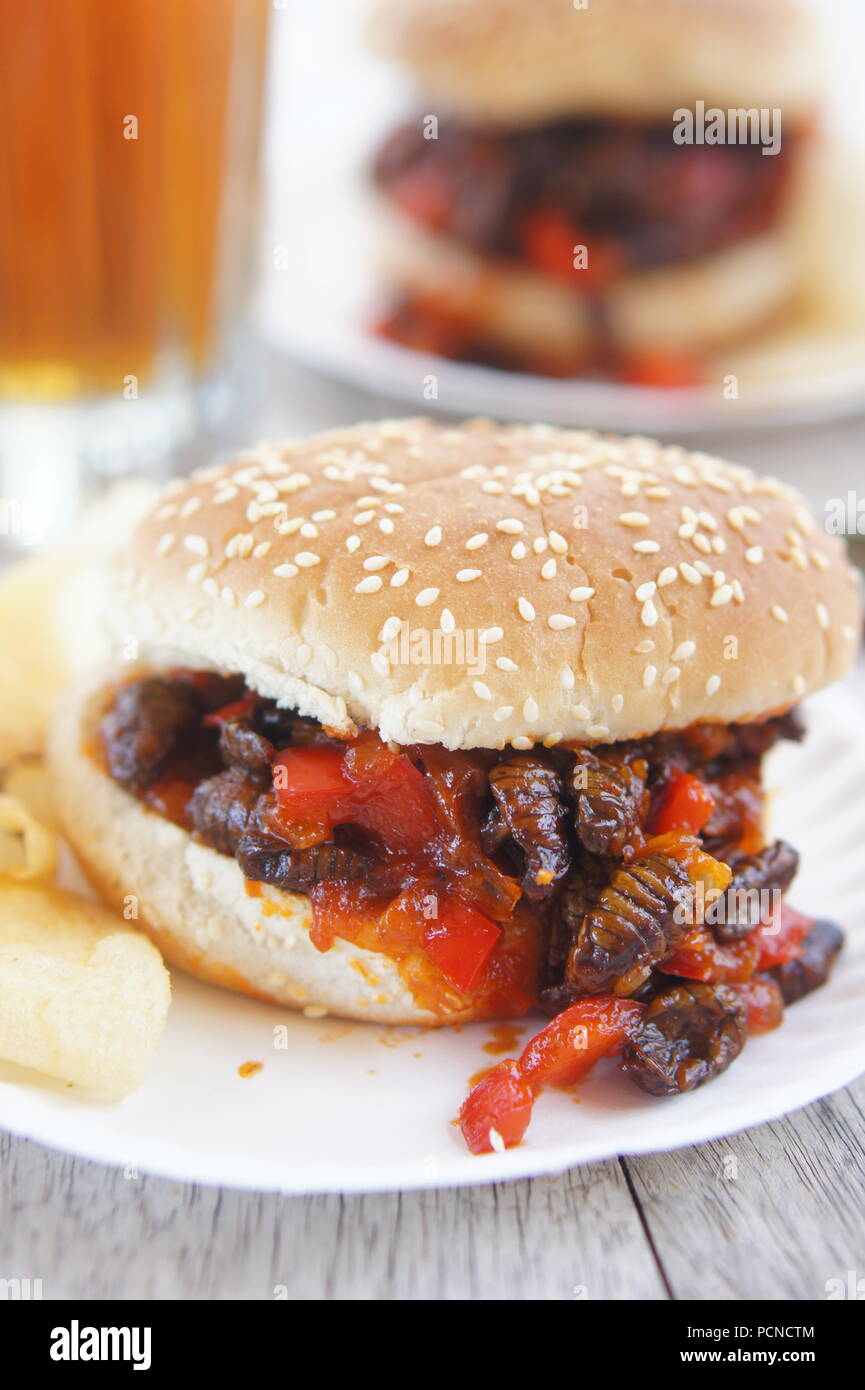 Silkworms with ketchup, mustard, peppers, tomatoes, prepared in the style of a classic sloppy joe. Stock Photo