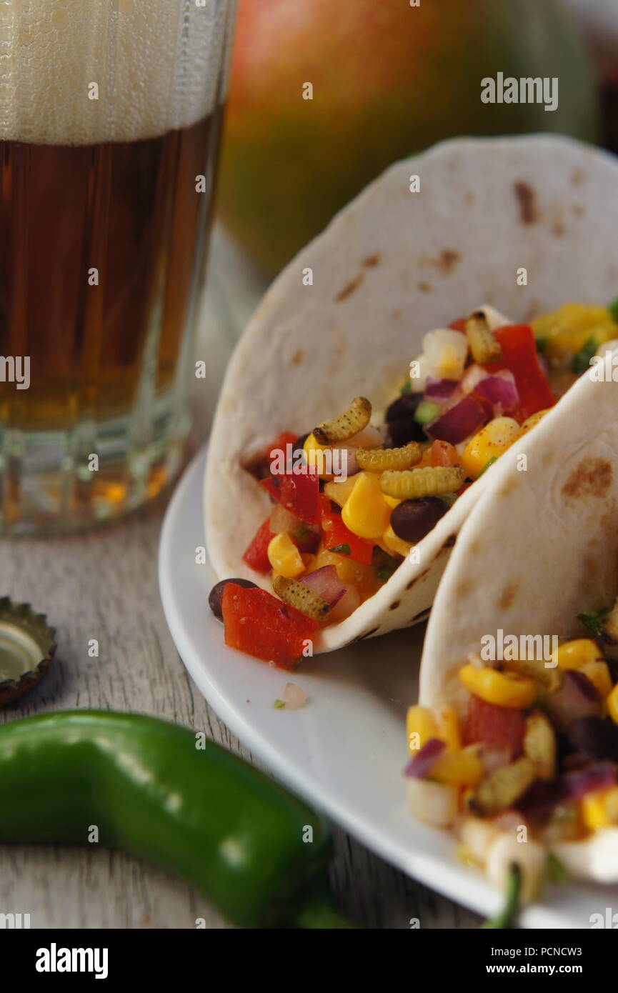 Spicy and Tangy Mango Salsa with tomatoes, mangoes, corn, beans, onions, jalapeno peppers, and wax moth larvae, wrapped in a flour tortilla Stock Photo