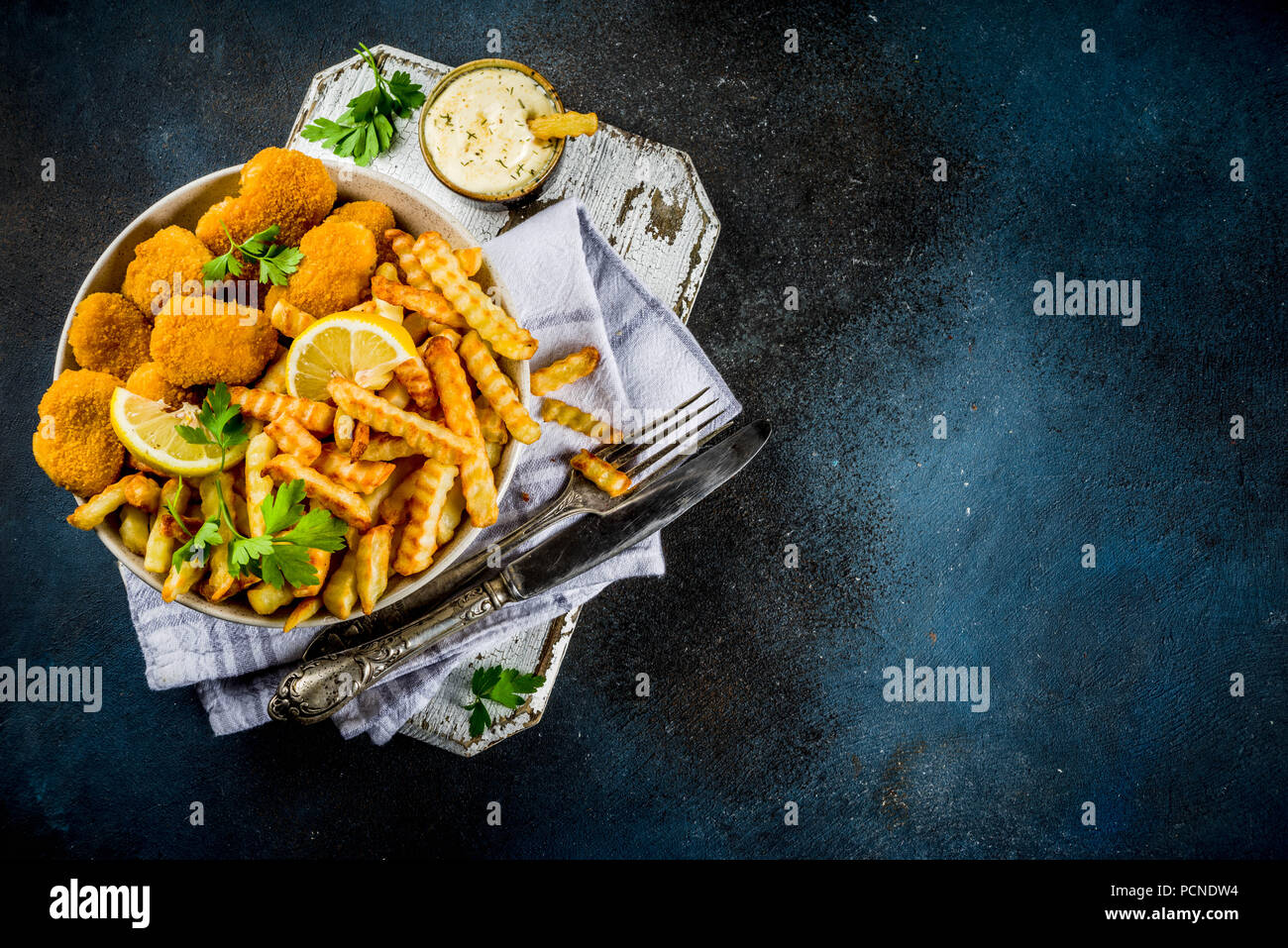 English traditional fast food, junk food, British dish Fish and chips