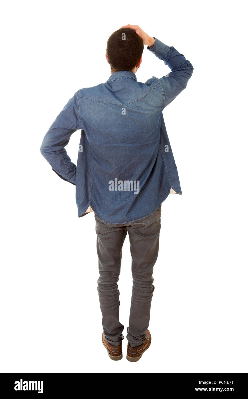 worried casual man full body, back view, in a white background Stock