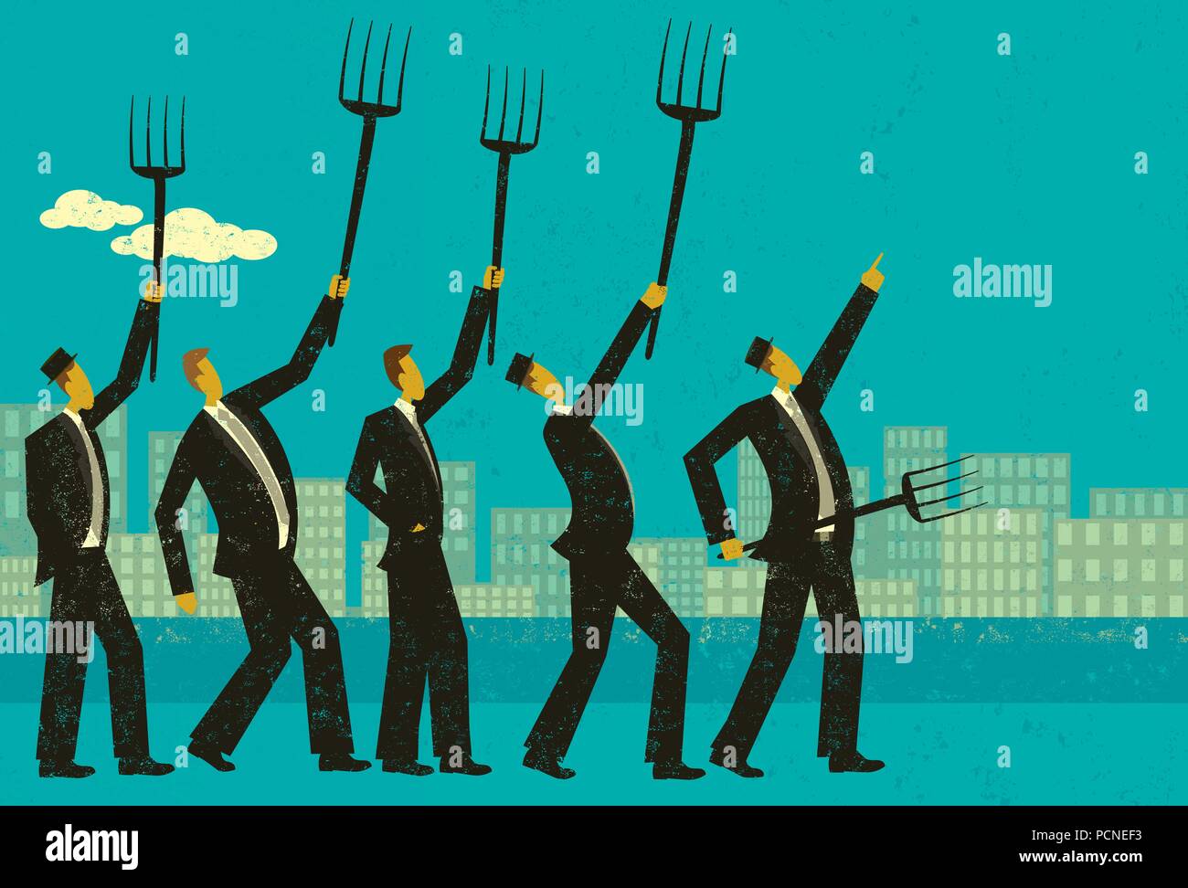 Angry businessmen Angry businessmen protest and raise their pitchforks. Stock Vector