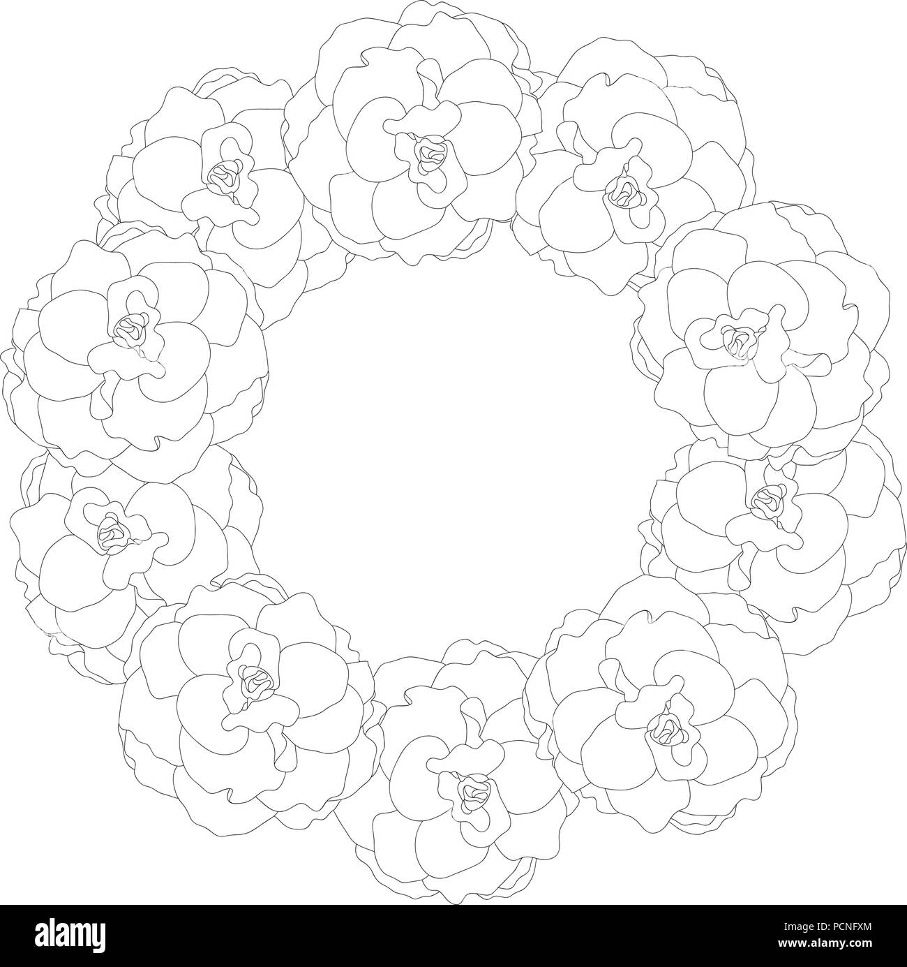 Begonia Flower, Picotee Outline Wreath. Vector Illustration. Stock Vector
