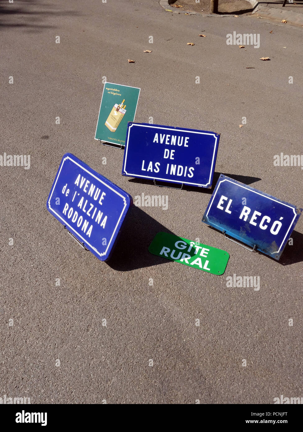 Antique and Vintage Signs on a sunny summers day at the Beziers Brocantes, France Stock Photo