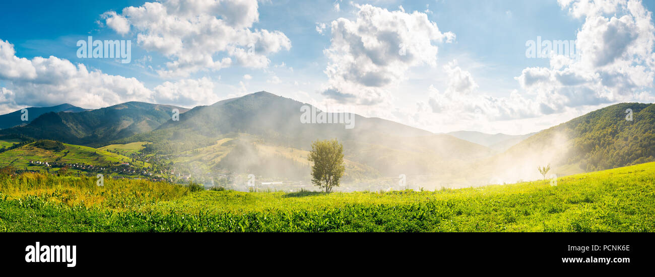 panorama of beautiful mountainous countryside. tree on the hill side in smoke from fire in the valley. wonderful bright autumn landscape with gorgeous Stock Photo