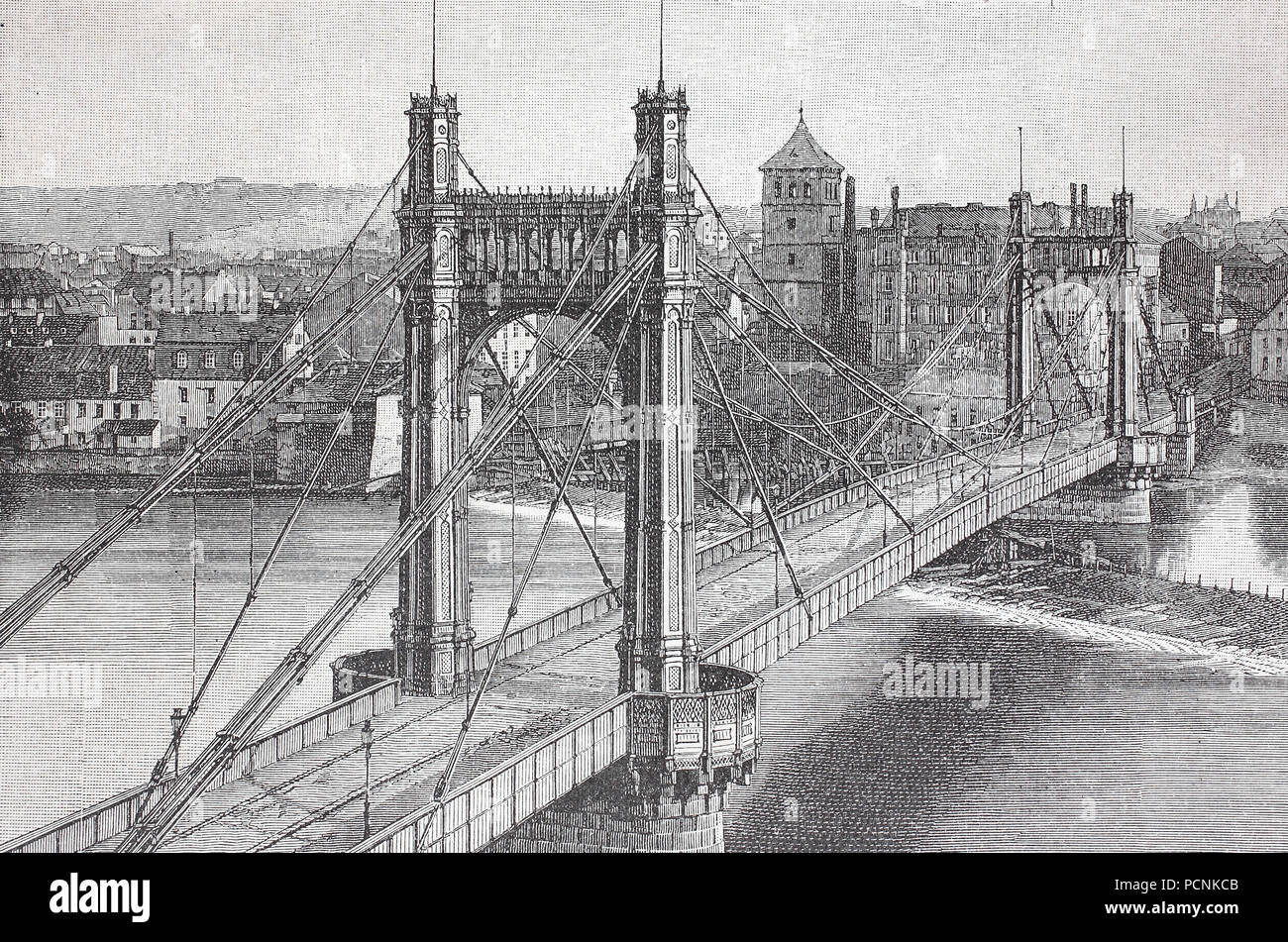 Franz Joseph Bridge, later renamed Stefanik Bridge, was a suspension bridge over the Vltava in Prague, opened in 1868, digital improved reproduction of an historical image from the year 1885 Stock Photo