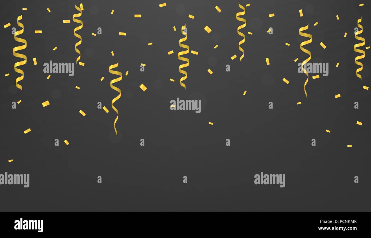 Golden flying confetti background. Festive ribbons holiday background ...