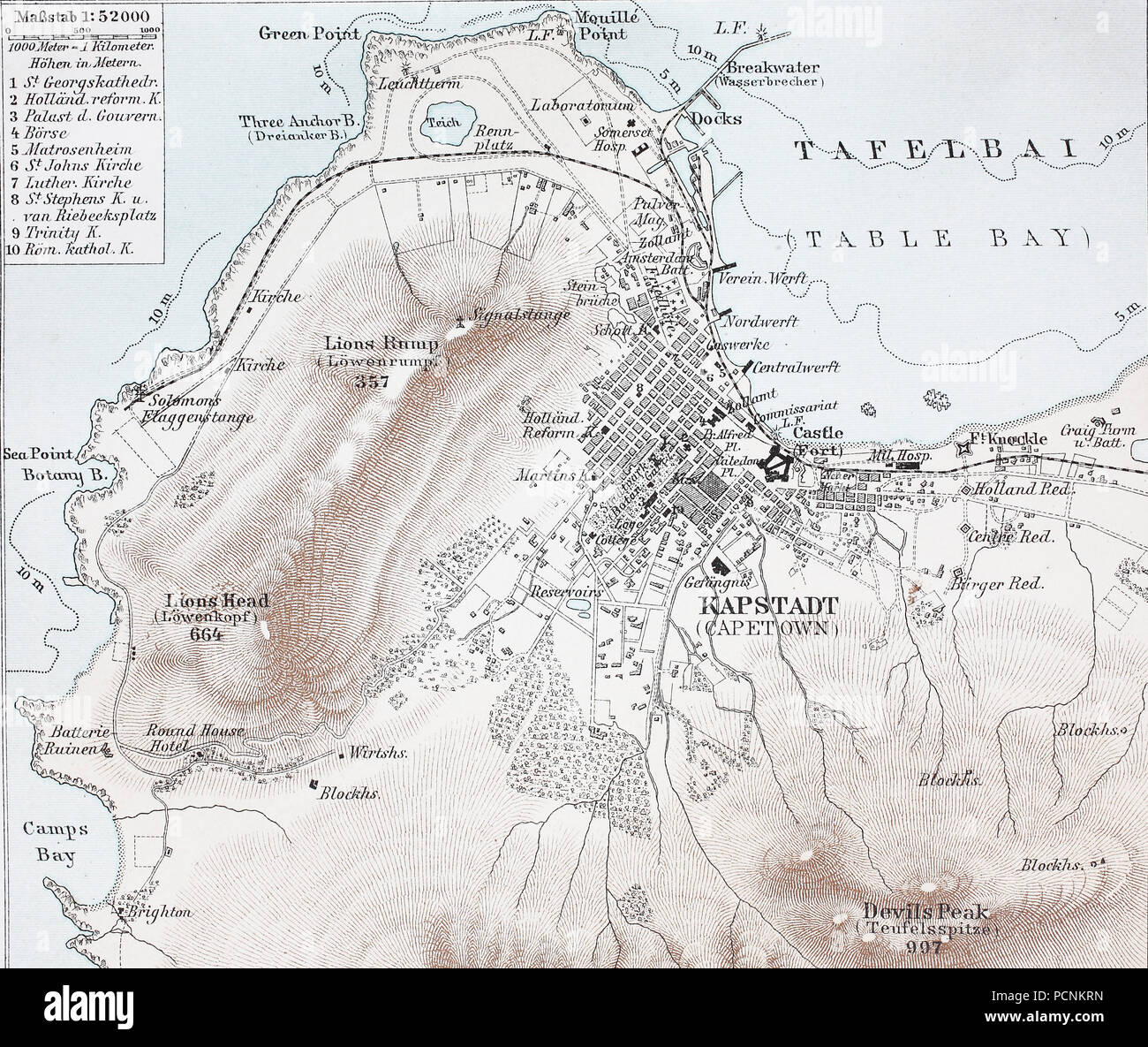 historical map of Capetown, South Africa, digital improved reproduction of an historical image from the year 1885 Stock Photo