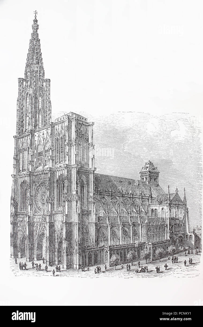 Strasbourg Cathedral or the Cathedral of Our Lady of Strasbourg, LiebfrauenmÃ¼nster zu StraÃŸburg, StraÃŸburger MÃ¼nster, also known as Strasbourg Minster, is a Roman Catholic cathedral in Strasbourg, Alsace, France, digital improved reproduction of an historical image from the year 1885 Stock Photo