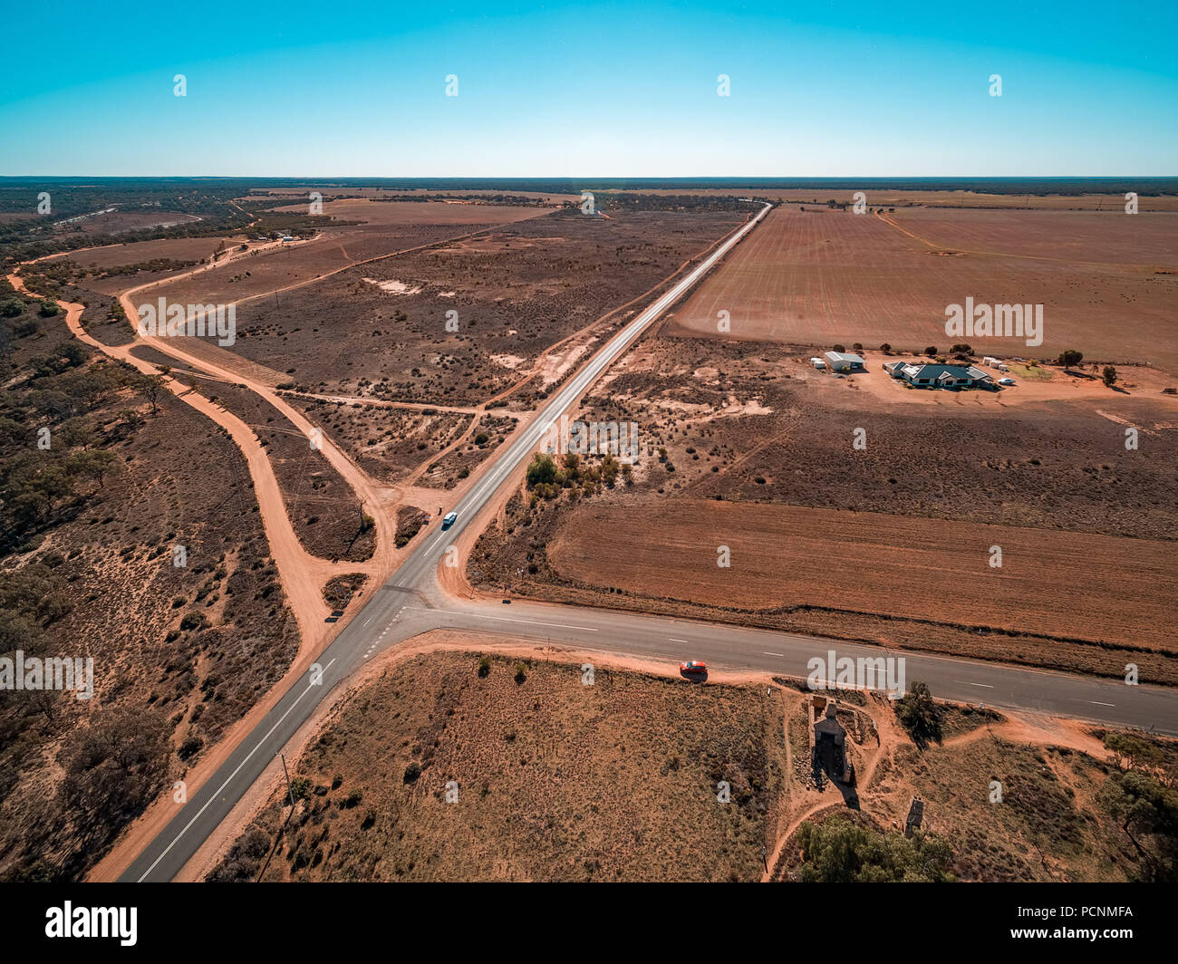 Aerial view of road passing through agricultural land in Riverland