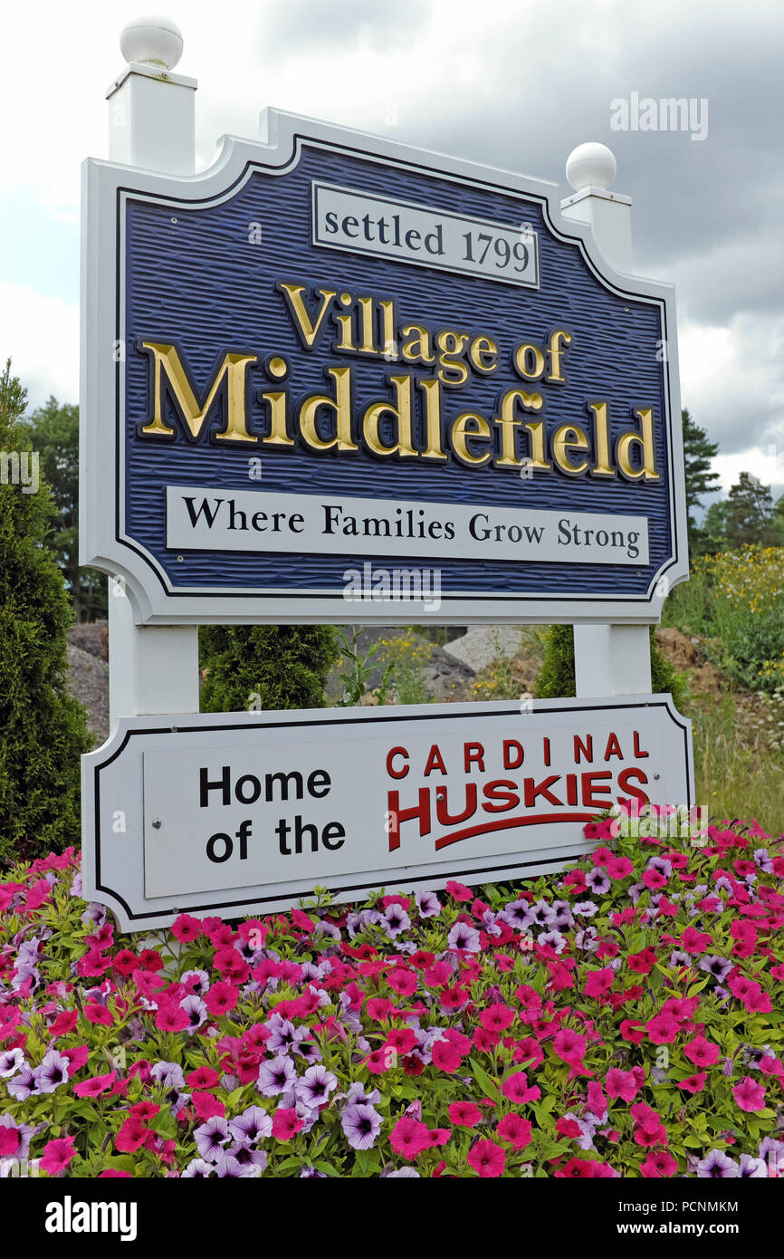 Village of Middlefield border sign in Middlefield, Ohio, USA indicates