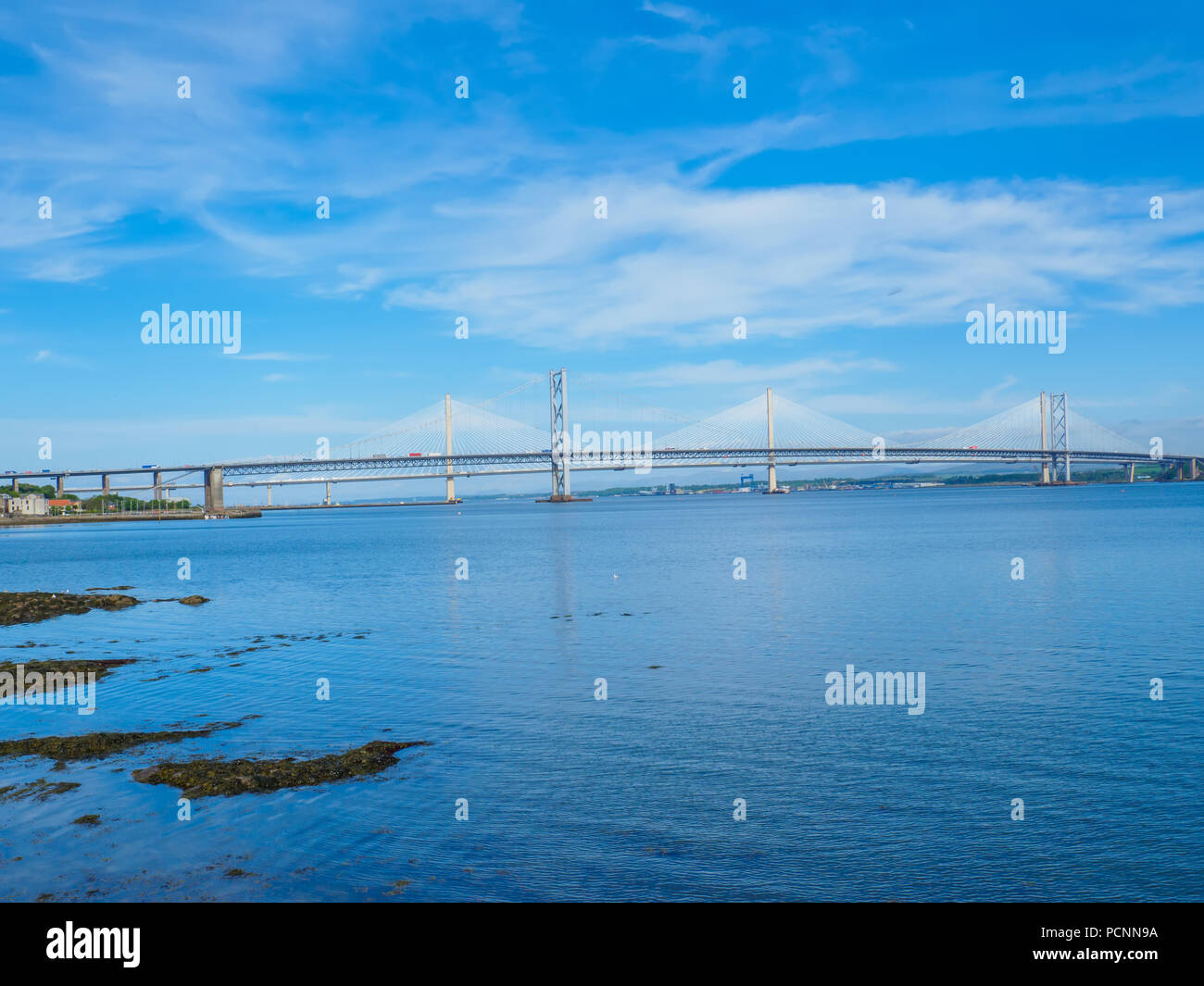 View of the Queensferry Crossing bridges over the Firth of Forth, Edinburgh, Scotland, UK. Stock Photo