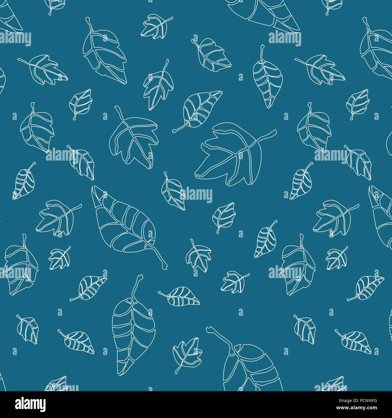 Vector surface pattern, texture with shapes of falling leaves, foliage in white color on dark blue, dark turquoise, teal background Stock Vector