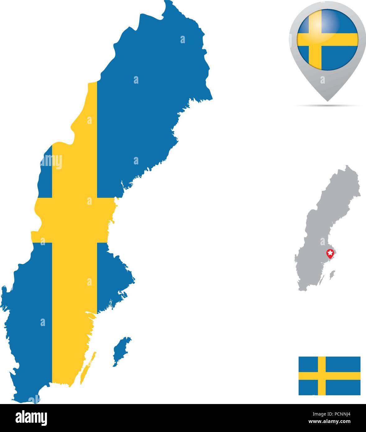 Sweden map in national flag colors, flag,  marker and location of capital. Stock Vector