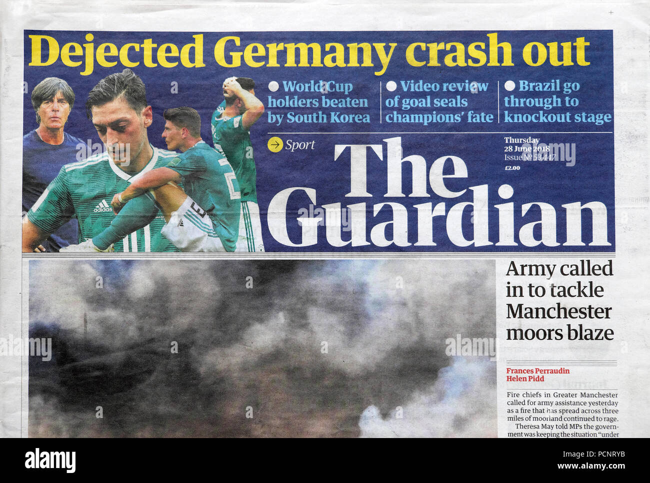 'Dejected Germany crash out' of the World Cup 2018 in Russia The Guardian Newspaper headline 28 June 2018 London UK Stock Photo