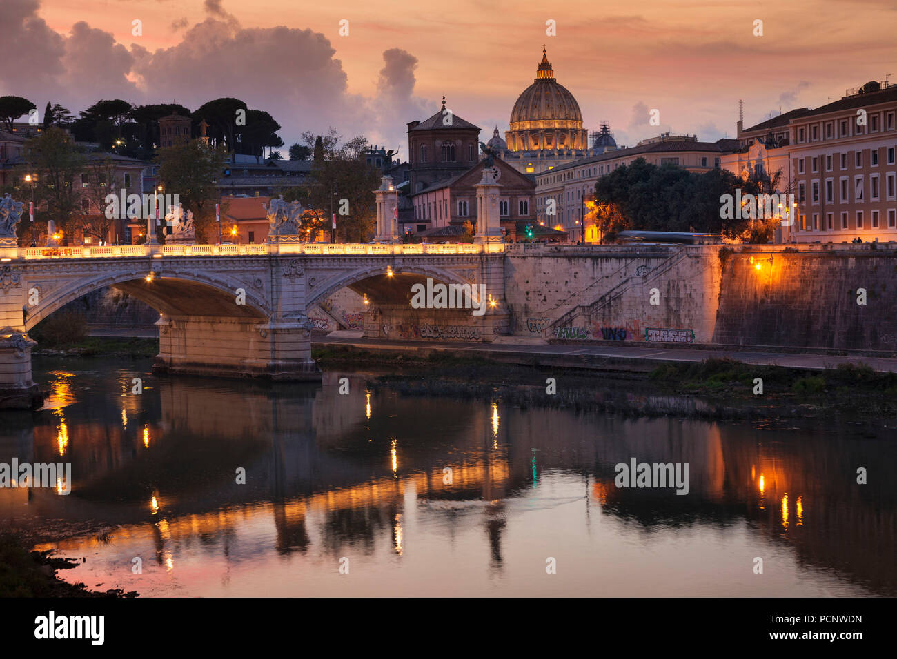 View over the Tiber to St. Peter's Basilica,Rome,Lazio,Italy Stock Photo