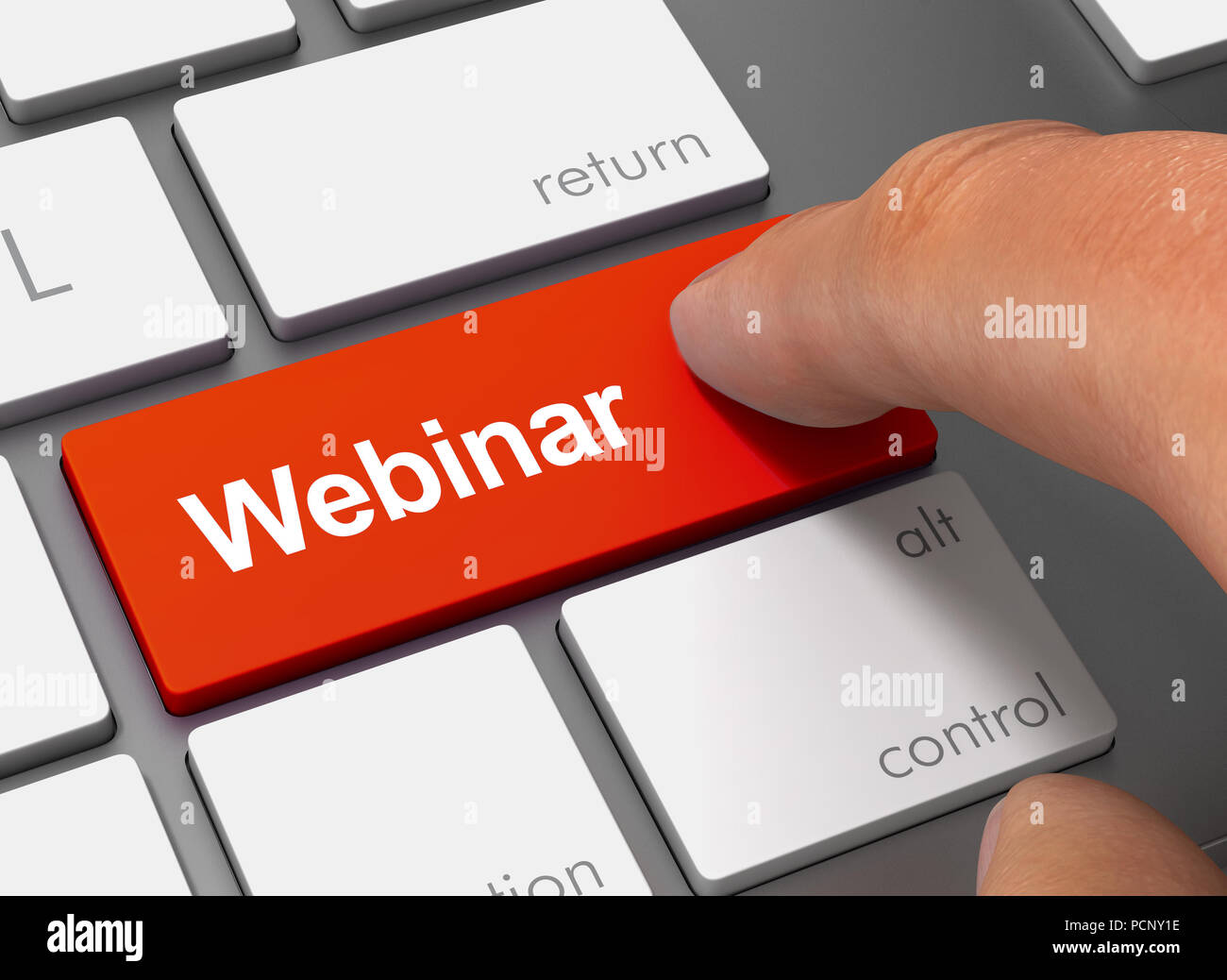 webinar pushing keyboard with finger 3d concept illustration Stock Photo