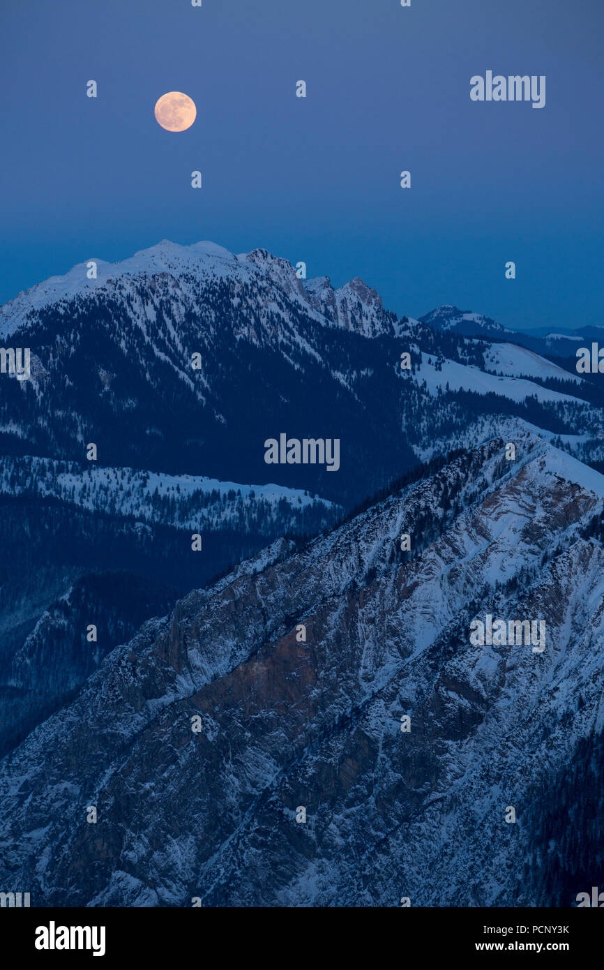 View from Herzogstand to Jochberg and Benediktenwand in winter at night, Bavarian Alps, Bavaria, Germany Stock Photo