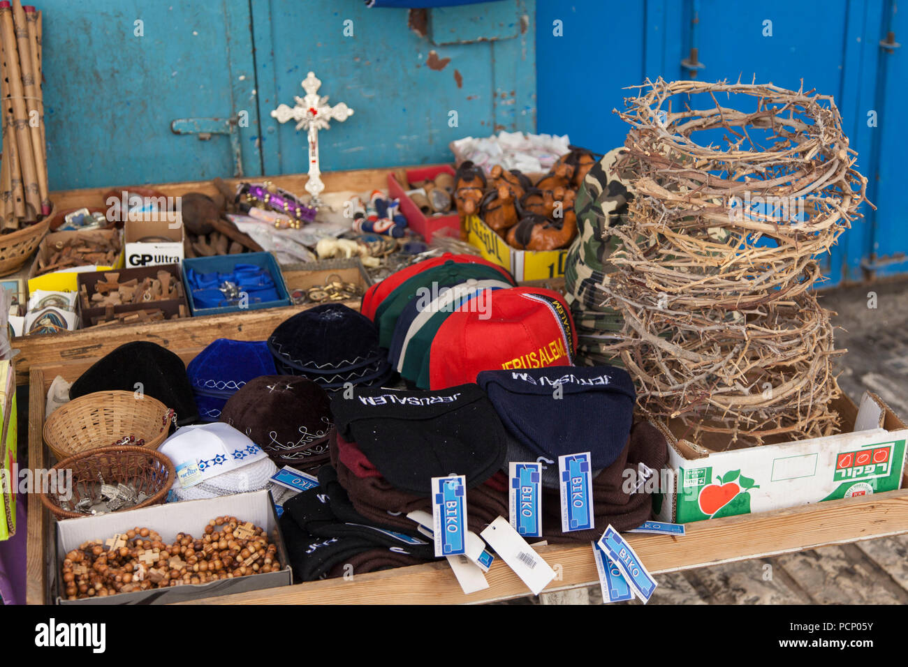 Israel, Jerusalem, assorted headgears Stock Photo