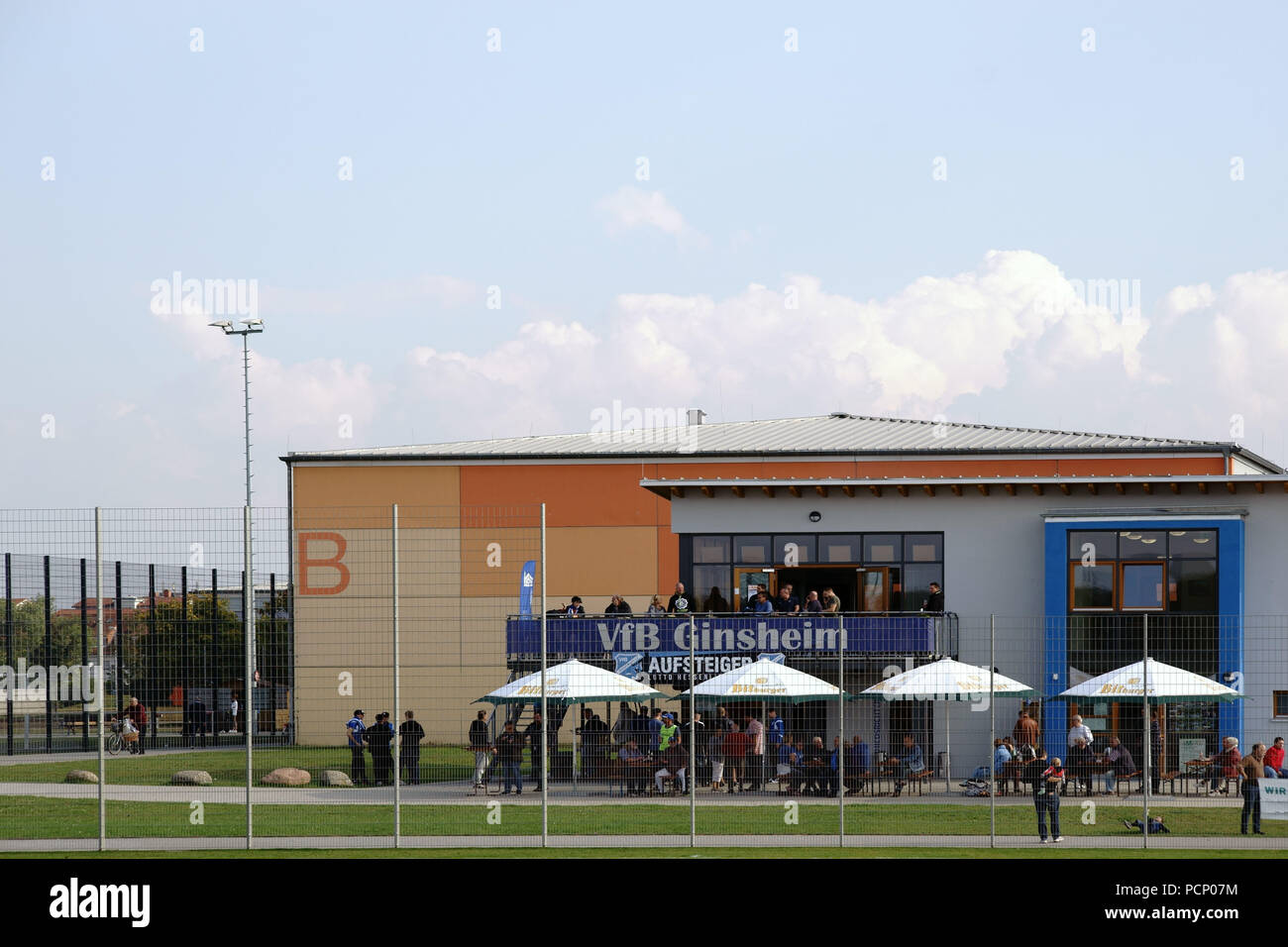 The building of the football club VFB Ginsheim at the youth and sports park in Ginsheim. Stock Photo