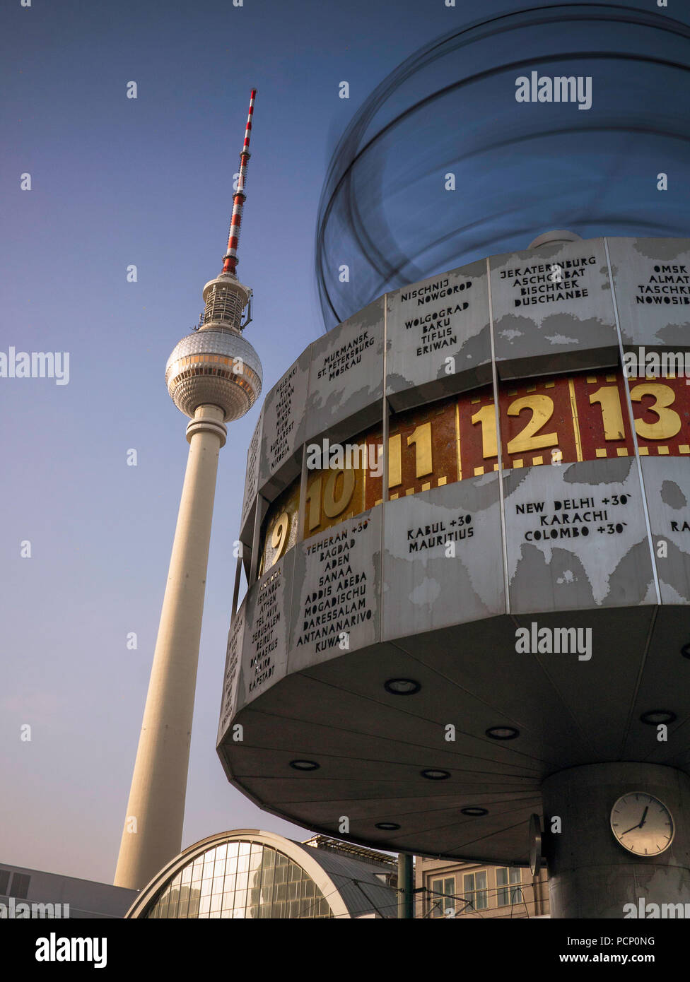Berlin Alexanderplatz with world time clock, TV tower and train station