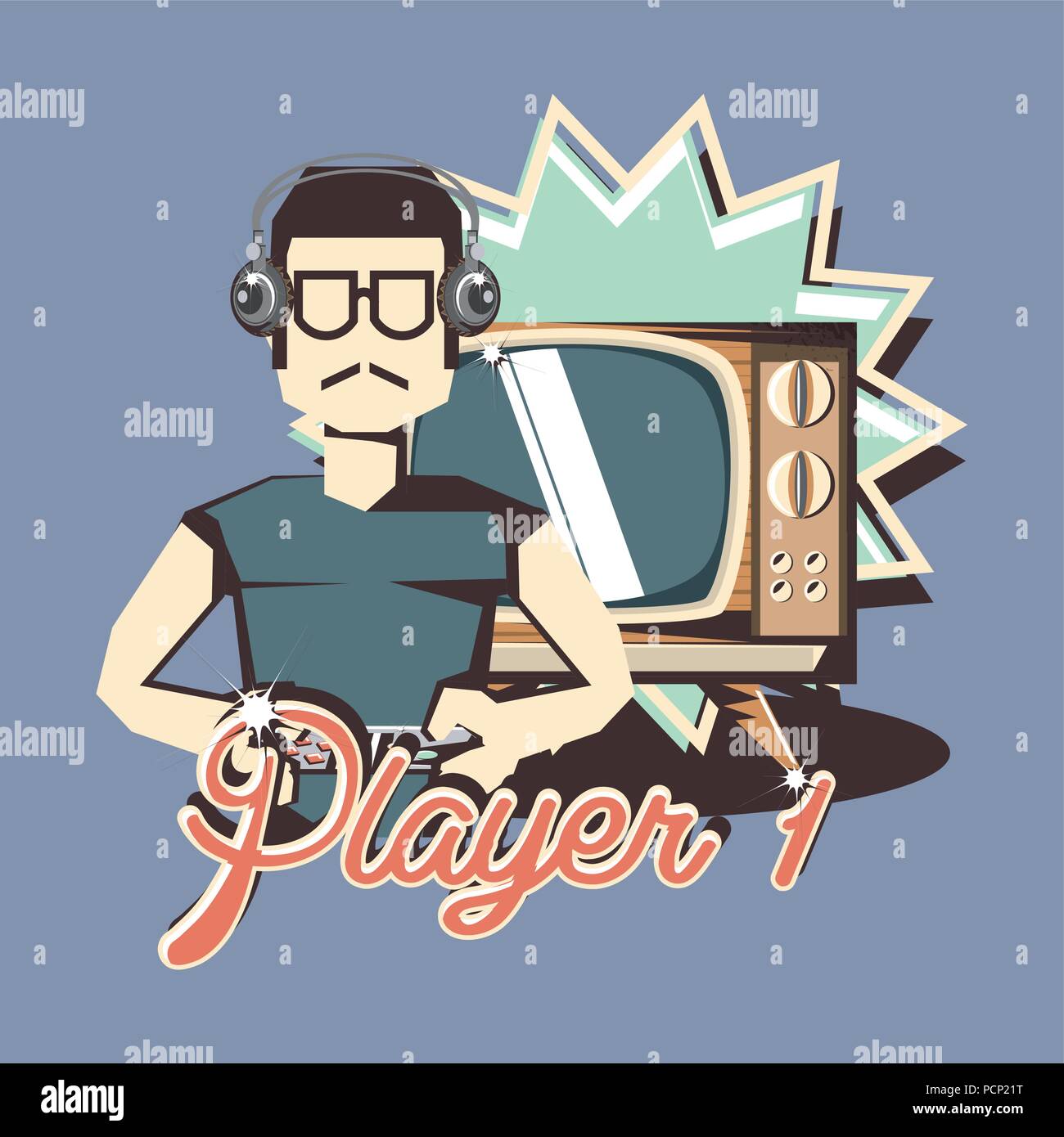 retro videogames, player 1 design with avatar man with headphones and ...