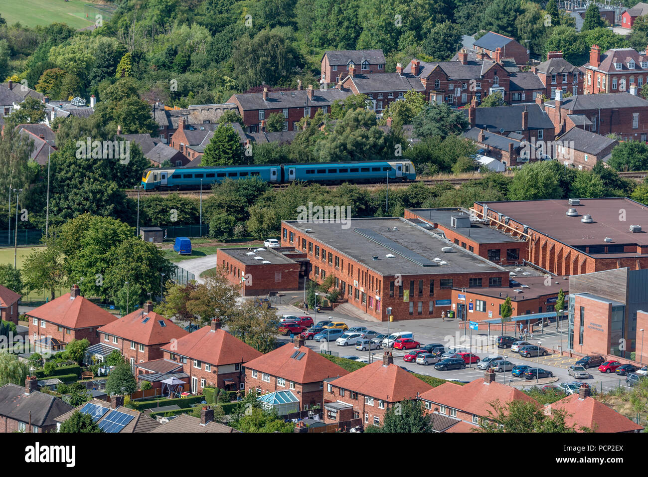 Aerial shot of Frodsham. Cheshire. North West England. Arriva Wales train. Stock Photo