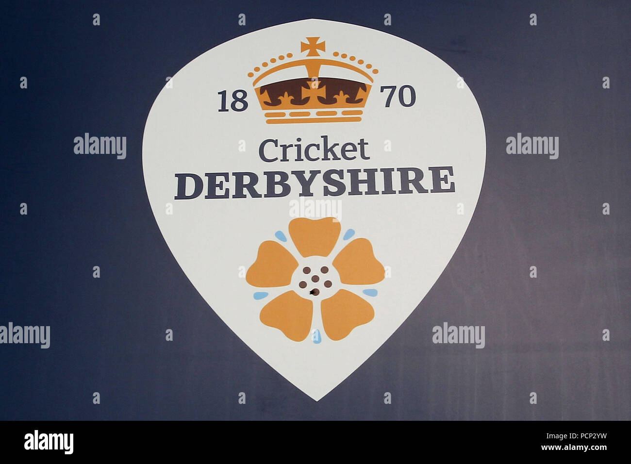 The Derbyshire County Cricket Club sign ahead of Derbyshire CCC vs Essex CCC, Specsavers County Championship Division 2 Cricket at the 3aaa County Cri Stock Photo