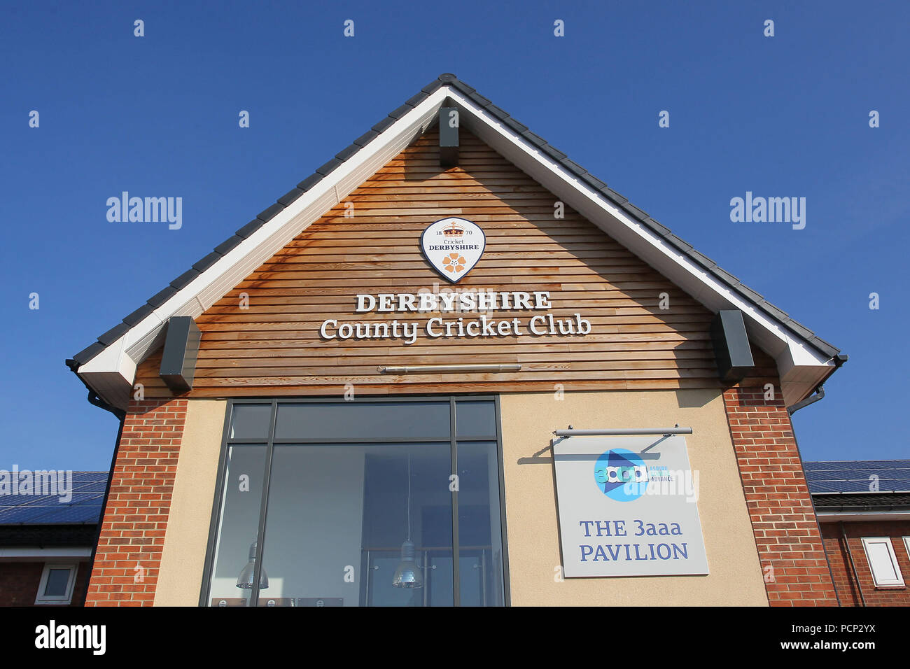 The Derbyshire County Cricket Club sign on the pavilion ahead of Derbyshire CCC vs Essex CCC, Specsavers County Championship Division 2 Cricket at the Stock Photo