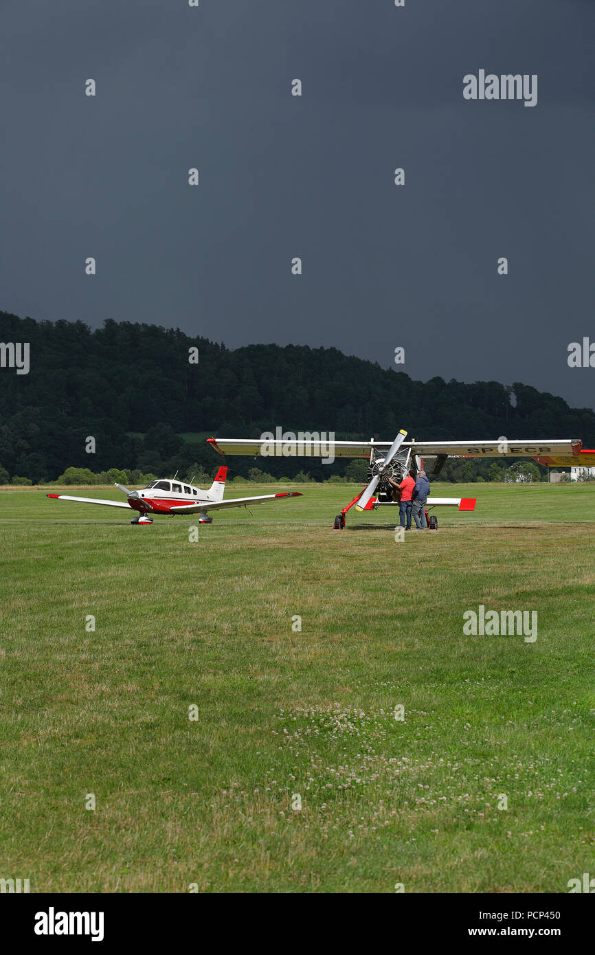 two small airplanes maintenance at aeroclub jelenia gora (former hirschberg), lower silesia, poland, europe Stock Photo
