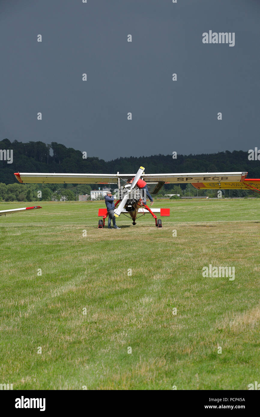 two small airplanes maintenance at aeroclub jelenia gora (former hirschberg), lower silesia, poland, europe Stock Photo