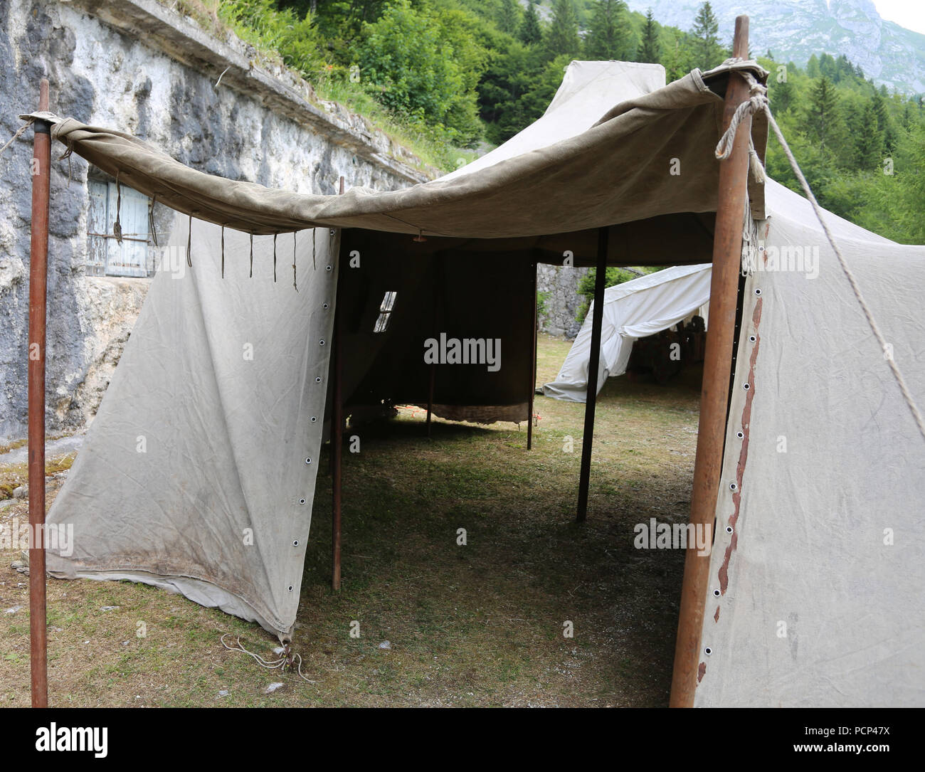 tent of a World War II military camp in the mountains Stock Photo