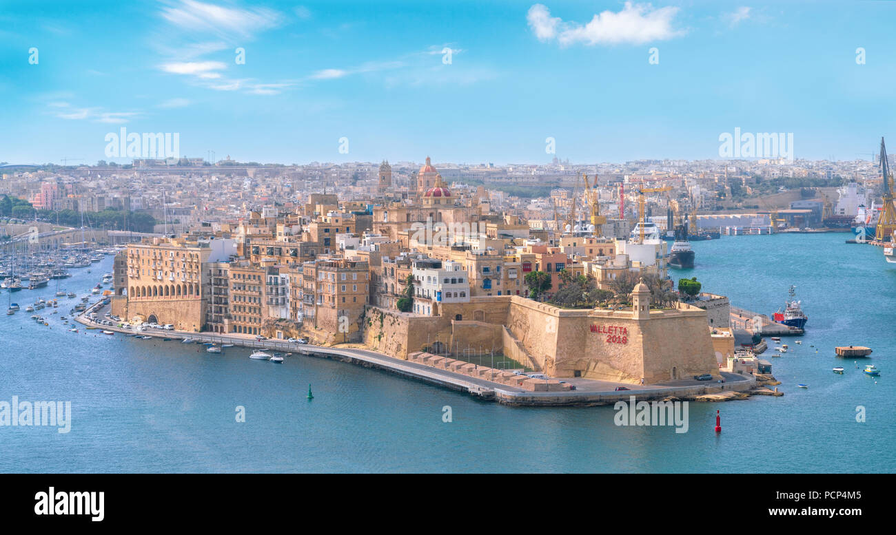 15 July 2018 - Valletta, Malta. Scenic, historical city landscape view of the old town of Valletta, famous travel destination in Europe. Stock Photo