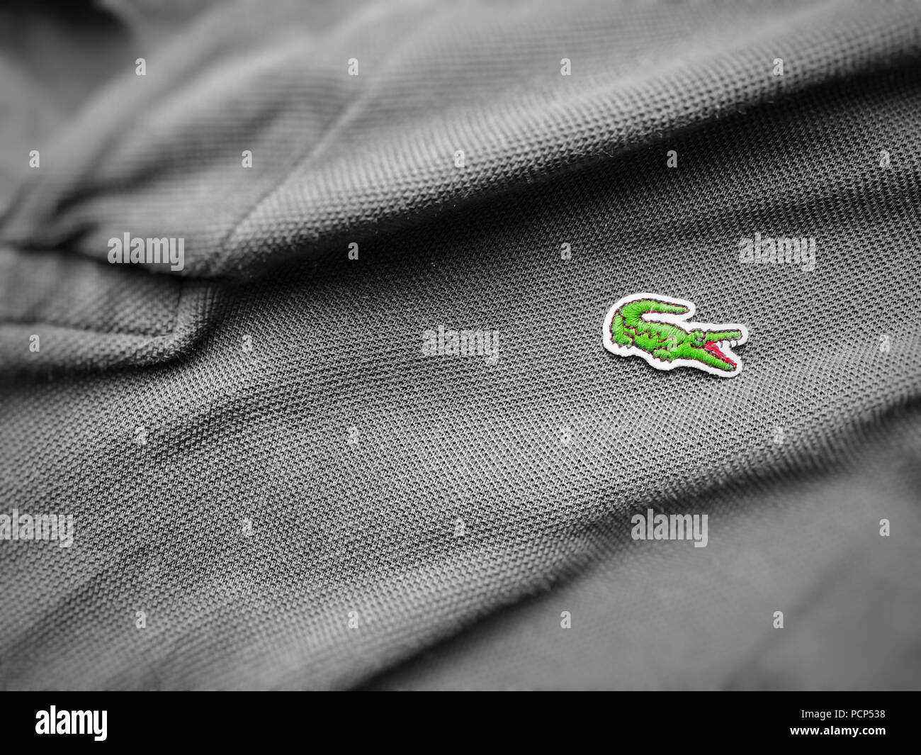 Rome, Italy, august 3rd 2018: close up view of a Lacoste grey polo shirt. Focus on the sewn crocodile Stock Photo