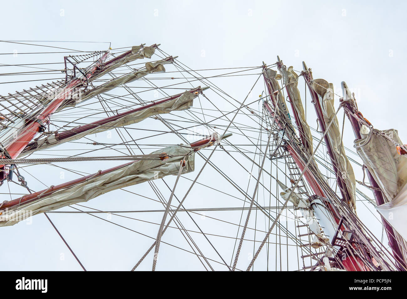 The rigging of the brig Aphrodite, foreamast and mainmast with rotated yards, Hundested, Denmark, July 31, 2018 Stock Photo