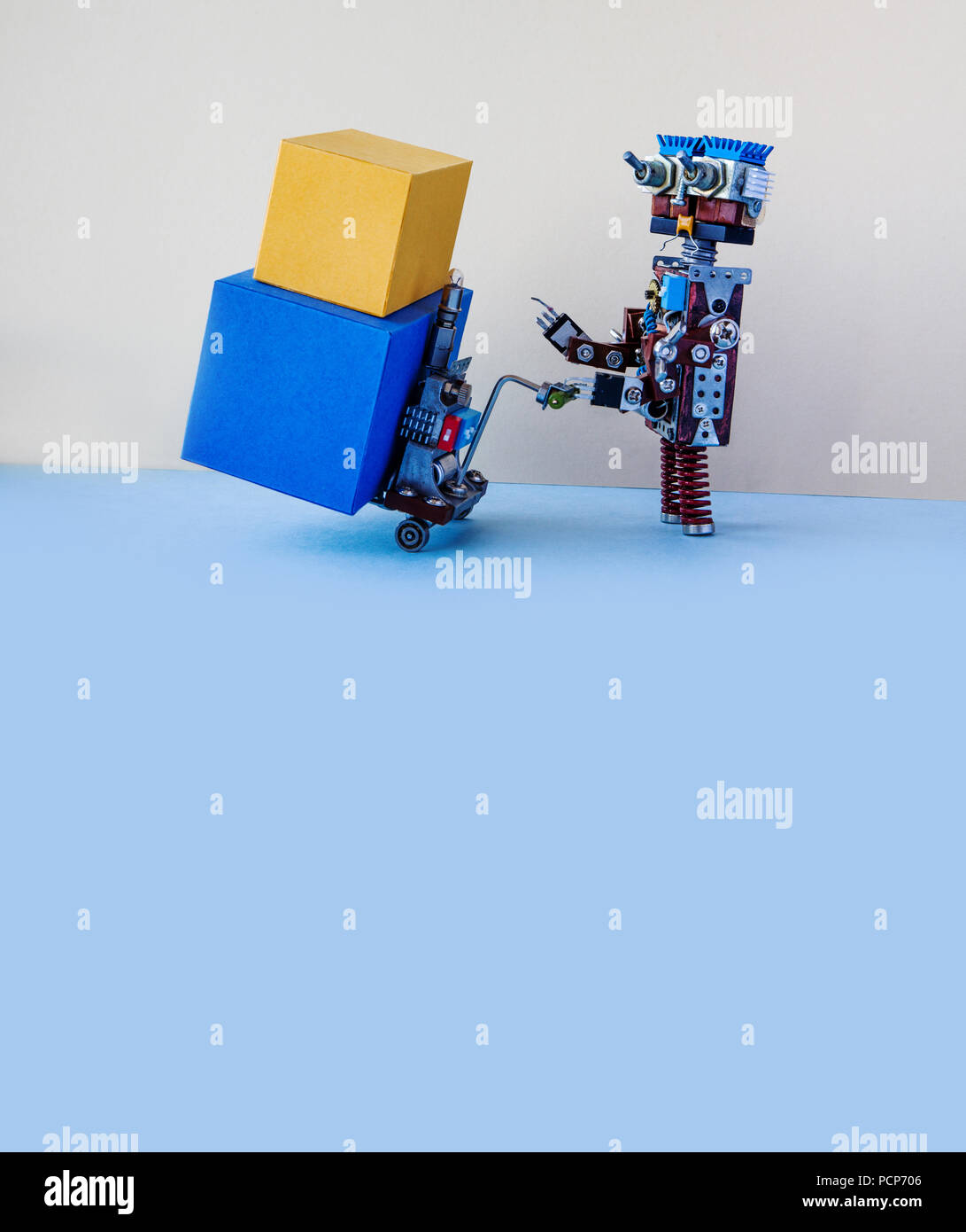 Robotic logistic delivery service concept. Robot moving containers with