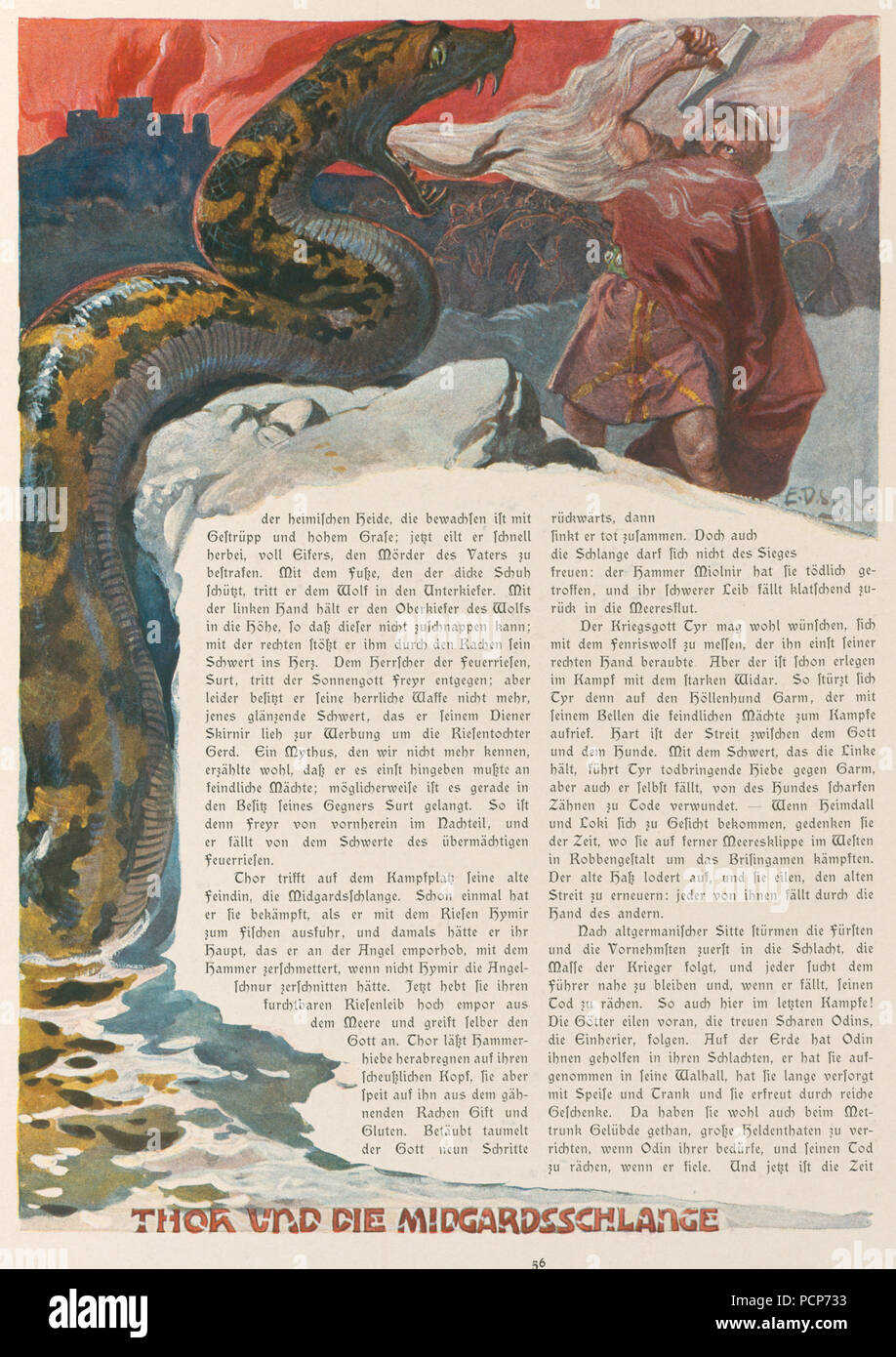 Thor and the Midgard Serpent. From Valhalla: Gods of the Teutons, c. 1905. Stock Photo