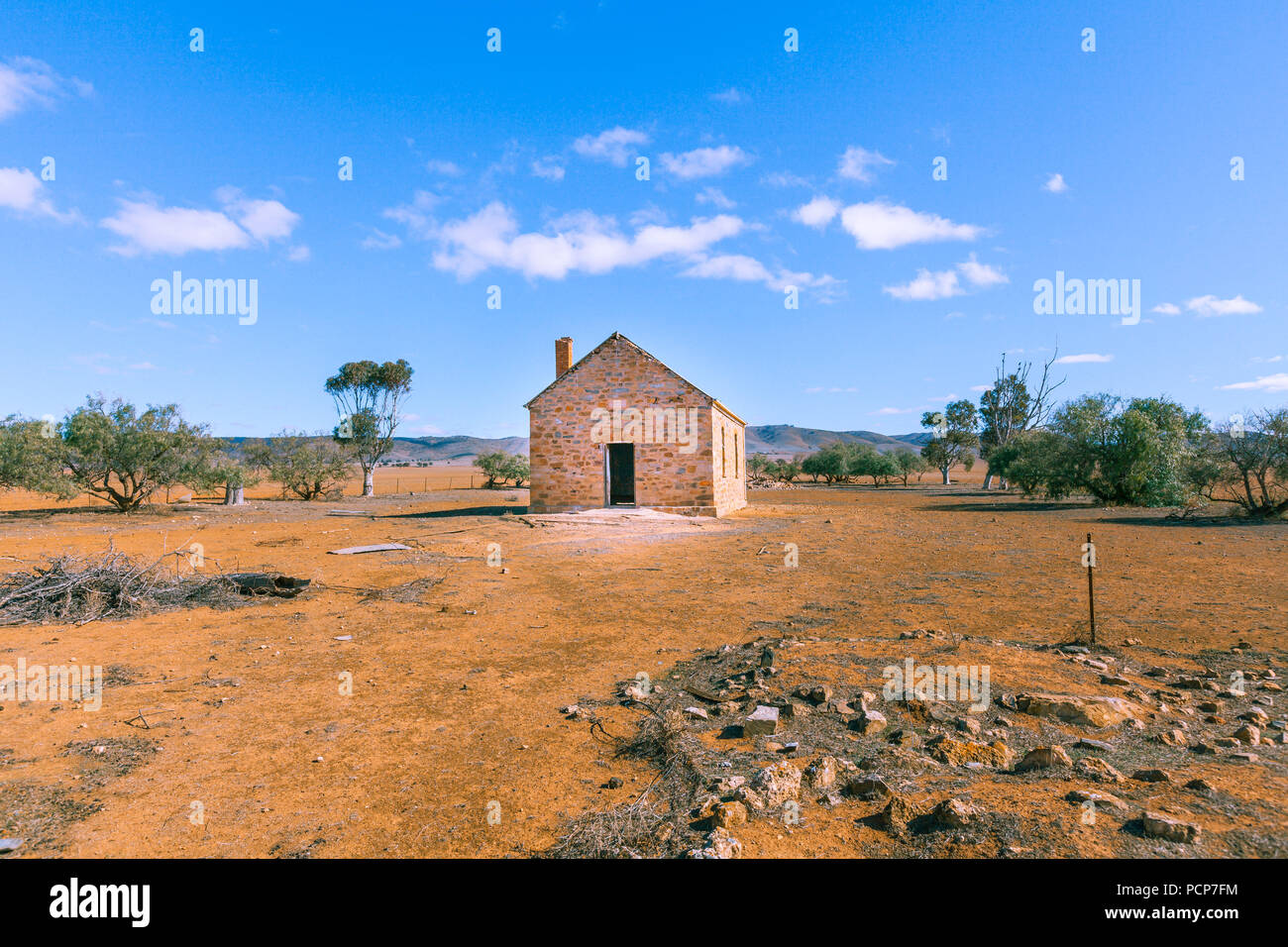 Old house ruins in barren land in South Australia Stock Photo