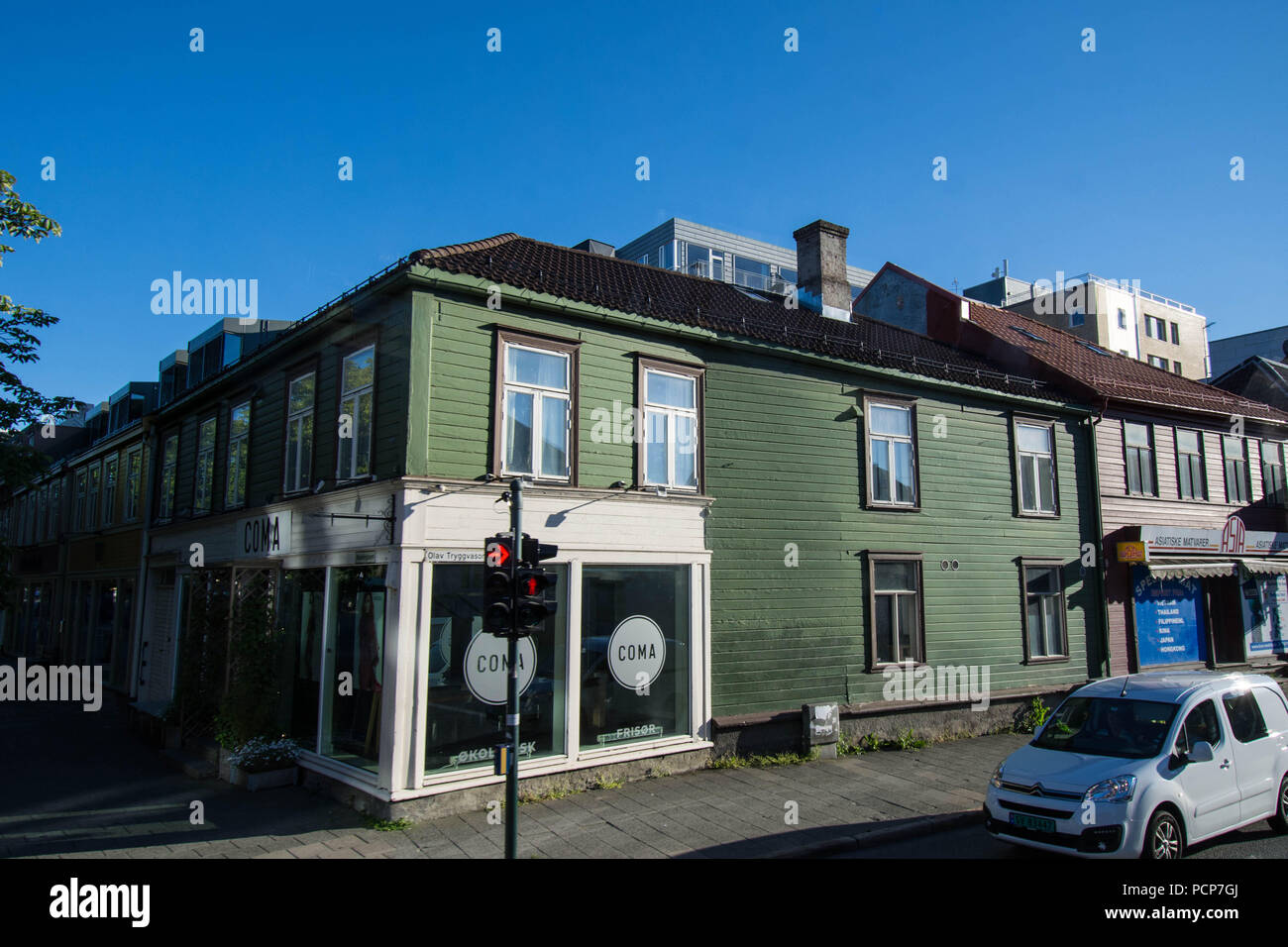 Trondheim Norway wooden building green wood shop outside village town