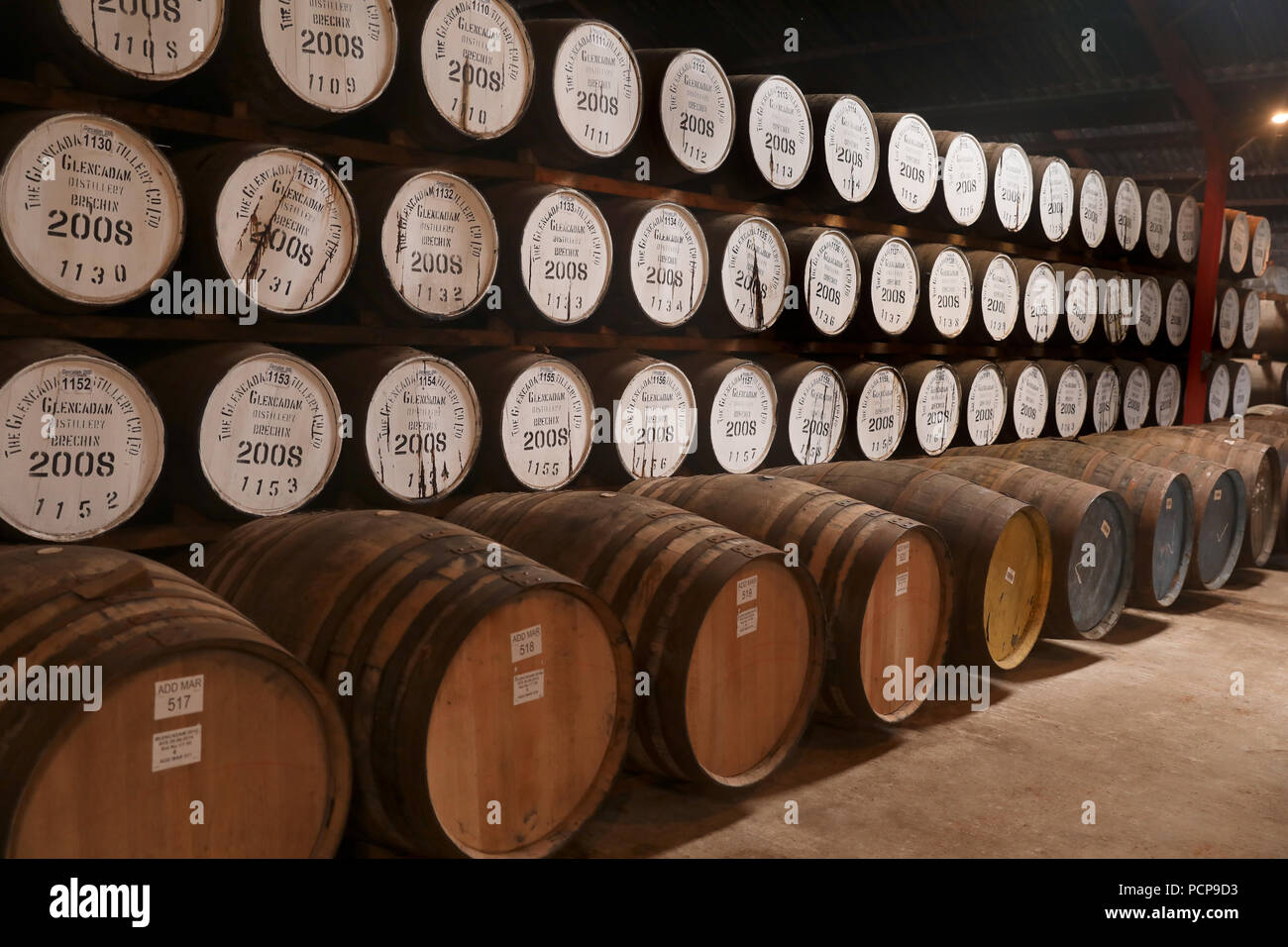 Barrels of Whisky at the Glencadam distillery Stock Photo