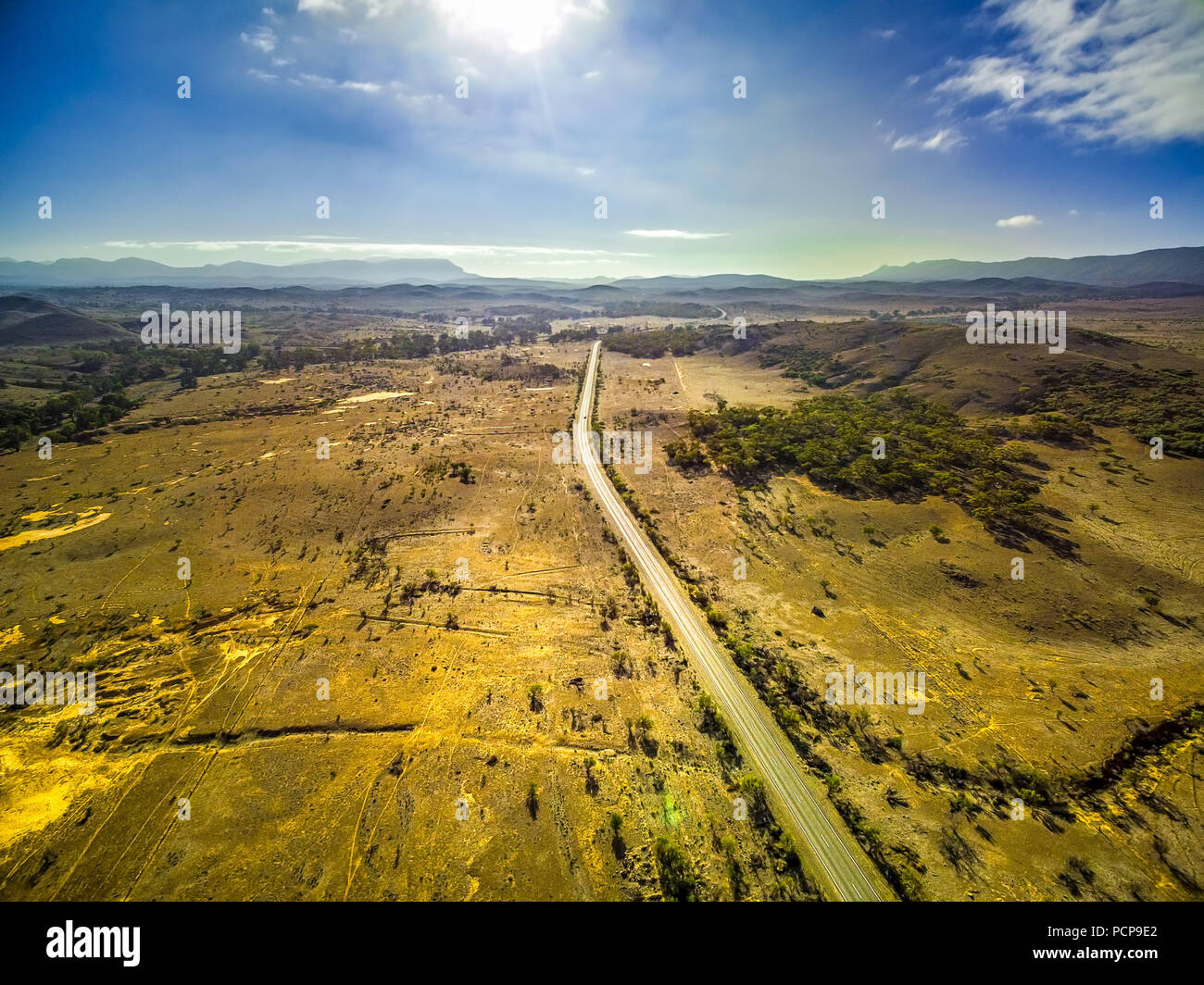 Aerial landscape of Flinders Ranges way - rural highway passing through ...
